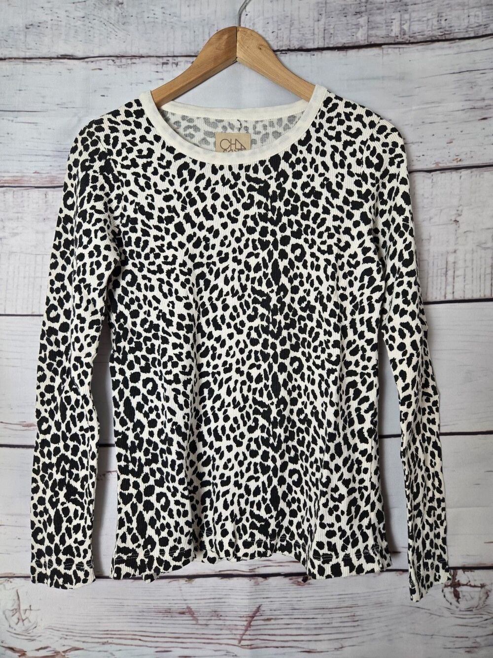 Chaser Womens Top Small White  Animal Print Waffle Knit Thermal Long Sleeve NWT